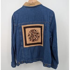 Studio Works Denim Jacket XL Leopard Patch Animal Print Blue Jean Coat Womens